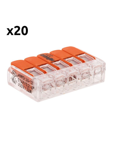 Lot de 20 bornes de raccordement S221 COMPACT - Connexion rapide - 5 conducteurs avec leviers 4mm² - Orange - Wago