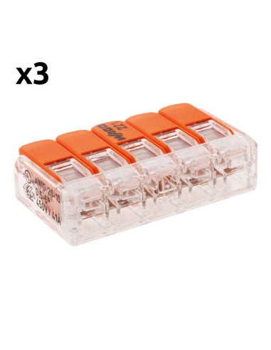 Lot de 3 bornes de raccordement S221 COMPACT - Connexion rapide - 5 conducteurs avec leviers 6mm² - Orange - Wago
