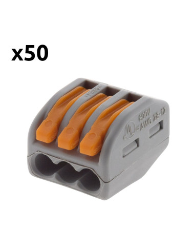 Lot de 50 bornes automatiques à cliquet S222 - 3 entrées - fils rigides et souples 4mm² max - Orange - Wago