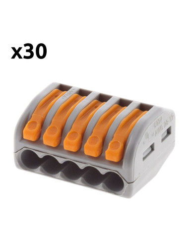 Lot de 30 bornes automatiques à cliquet S222 - 5 entrées ? fils rigides et souples 4mm² max - Orange - Wago