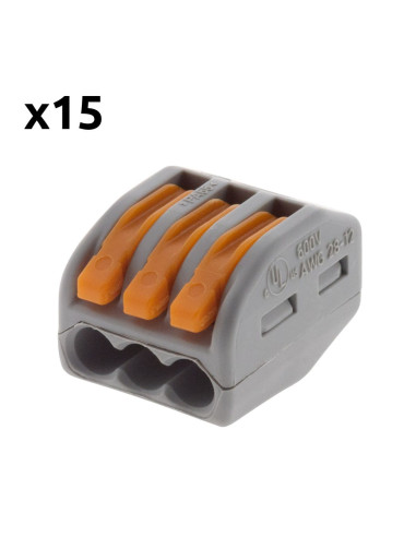 Lot de 15 bornes automatiques à cliquet S222 - 3 entrées - fils rigides et souples 4mm² max - Orange - Wago