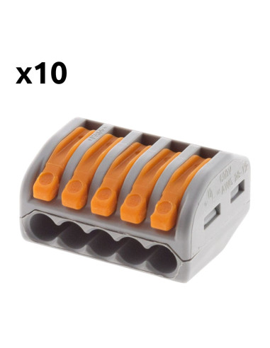 Lot de 10 bornes automatiques à cliquet S222 - 5 entrées - fils rigides et souples 4mm² max - Orange - Wago
