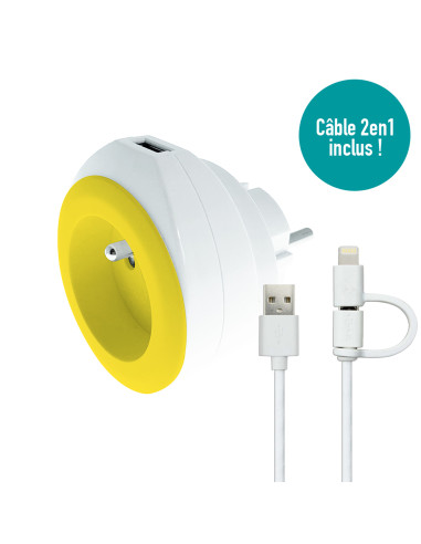 Prise BEWATT avec chargeur USB réversible (jaune) - Watt and Co