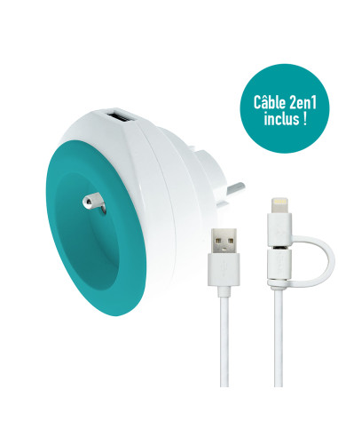 Prise BEWATT avec chargeur USB réversible (turquoise) - Watt and Co