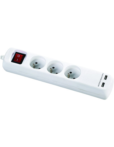 Bloc multiprise avec interrupteur 3 prises 2P+T et 2 prises USB 5V DC - Cordon H05VV-F 3G1mm² - 1,4m