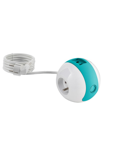 Multiprise Multimédia WATTBALL  2P 16A + 1P 6A + USB 2.1A - Turquoise