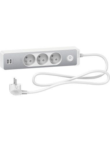 Bloc multiprises 3 Prises 2P+T et 2 USB (câble 1,5m) Blanc  - Schneider