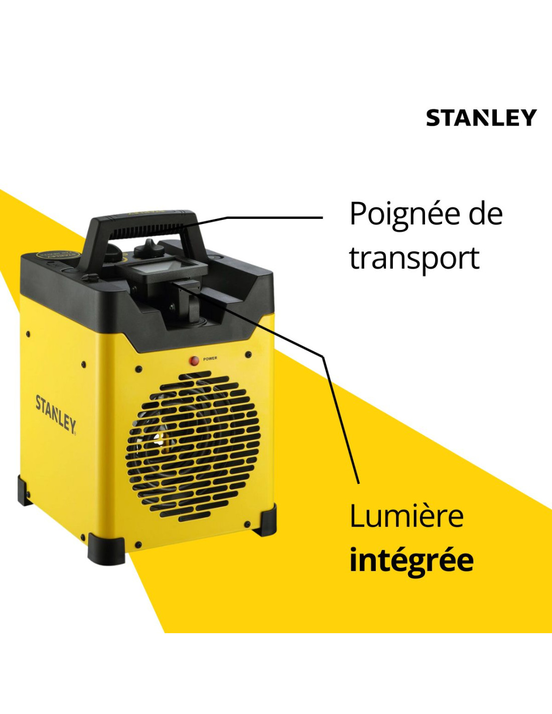 Chauffage électrique de chantier industriel 3000W - Projecteur LED  orientable - 2 positions de chauffe - Jaune - Stanley